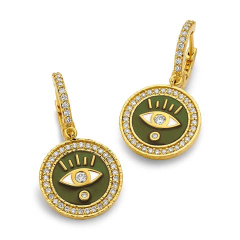 Enameled Evil Eye Huggie Earrings with Diamonds