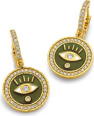 Buddha Mama Enameled Evil Eye Huggie Earrings with Diamonds
