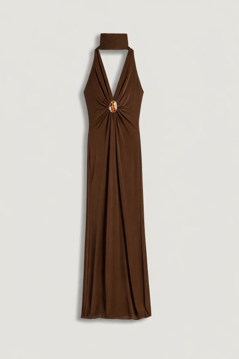 Halter-Neck Draped Maxi Dress, Alternate, color, Brown