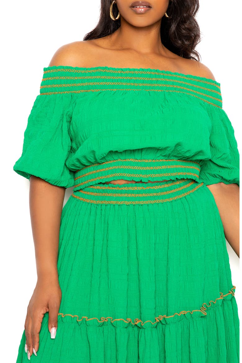 Smocked Off the Shoulder Puff Sleeve Top & Maxi Skirt Set, Alternate, color, GREEN