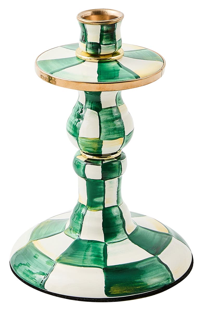MACKENZIE CHILDS Emerald Check Small Enameled Steel Candleholder, Main, color, Emerald