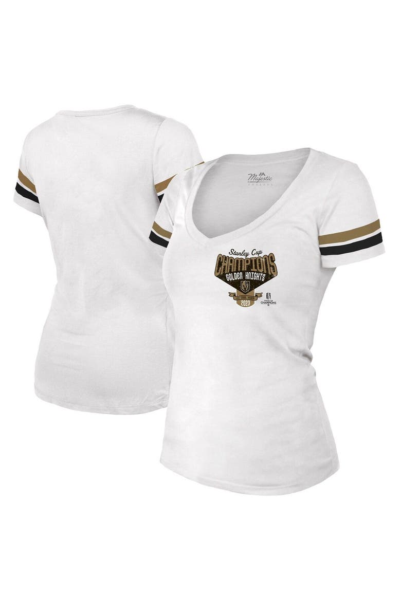 Women's Majestic Threads  Gold Vegas Golden Knights 2023 Stanley Cup Champions Striped V-Neck T-Shirt, Alternate, color, Gold
