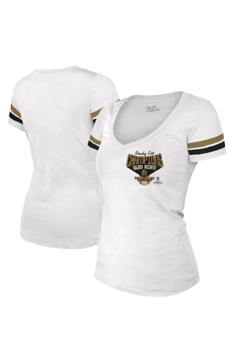 Majestic Threads Women's Majestic Threads Gold Vegas Golden Knights 2023 Stanley Cup Champions Striped V-Neck T-Shirt, Alternate, color, Gold
