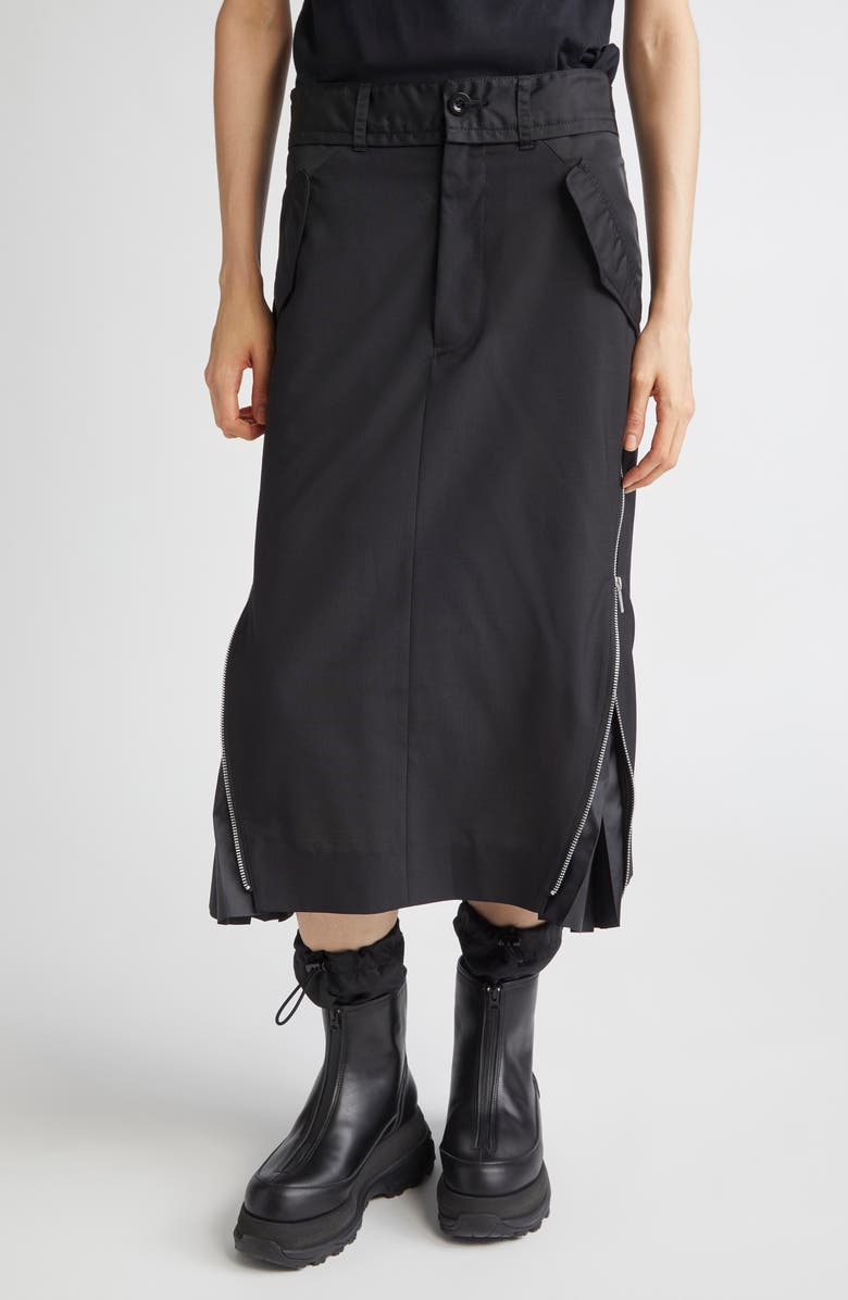 Sacai Suiting Mixed Media Midi Skirt, Main, color, Black