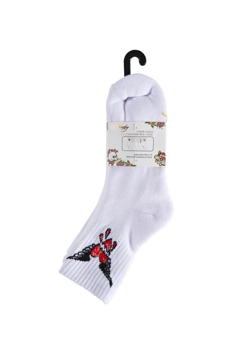 Ed Hardy Heart Flame Print Full Cushion Mid Crew Sock 5-Pack, Alternate, color, White Multi