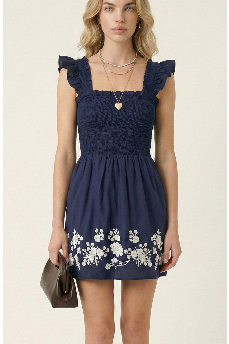 Smocked Ruffle Strap Mini Dress with Floral Embroidery Hem, Main, color, Blue