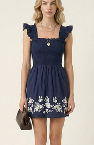 Modenaire Smocked Ruffle Strap Mini Dress with Floral Embroidery Hem