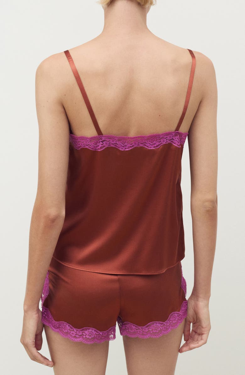 MANGO Contrast Lace Silk Camisole, Alternate, color, Brown