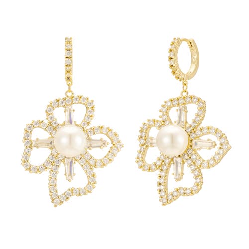 Untamed Petals Holly Pearl & Crystal Flower Drop Earrings In Gold