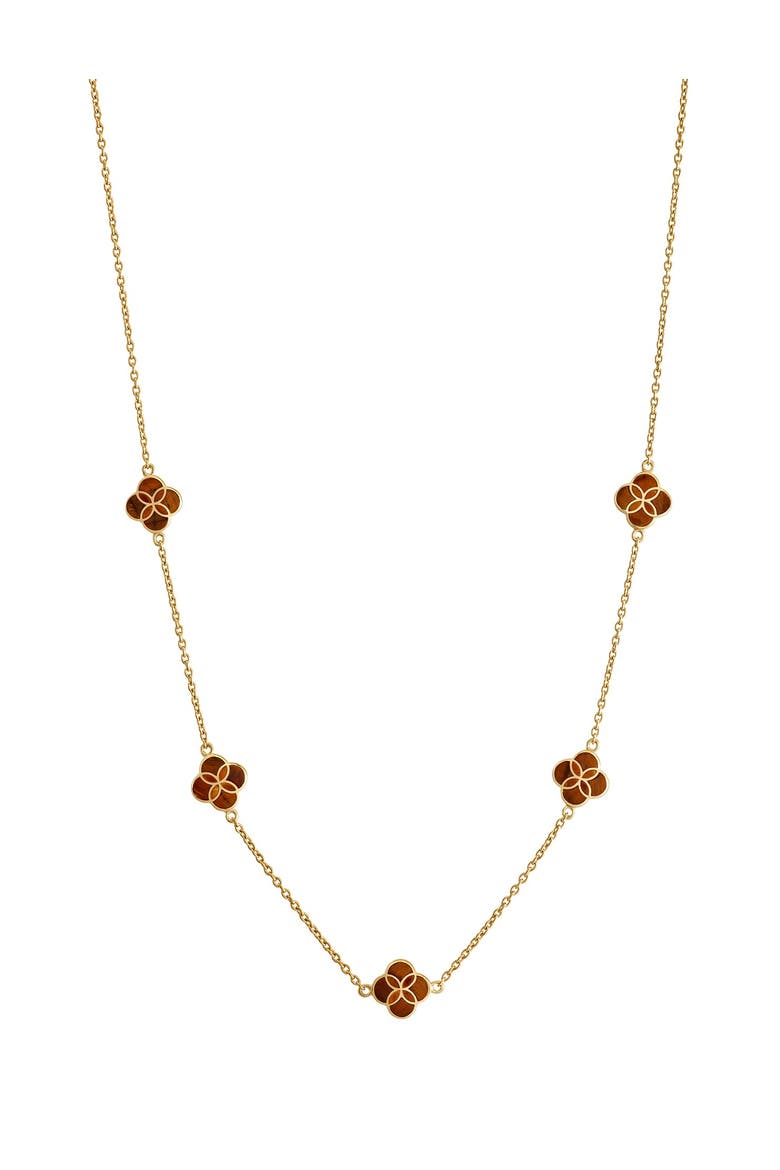 Sterling With 18K Gold Overlay And Gemstones Five Petal Station Necklace, Alternate, color, BROWN