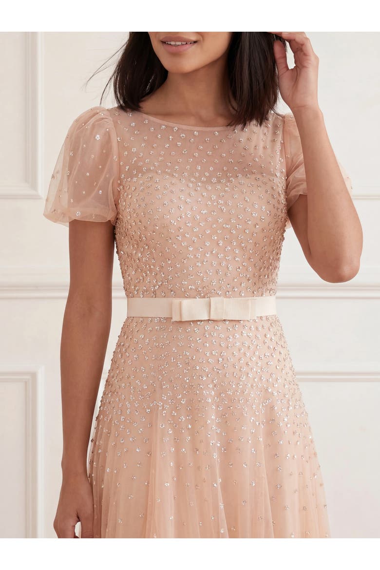 Sequin Cascade Bow Short Sleeve Gown, Alternate, color, Wheat/Cream
