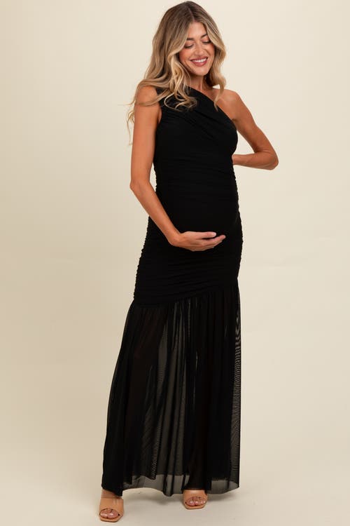 Pinkblush Ruched Mesh One Shoulder Maxi Dress In Black