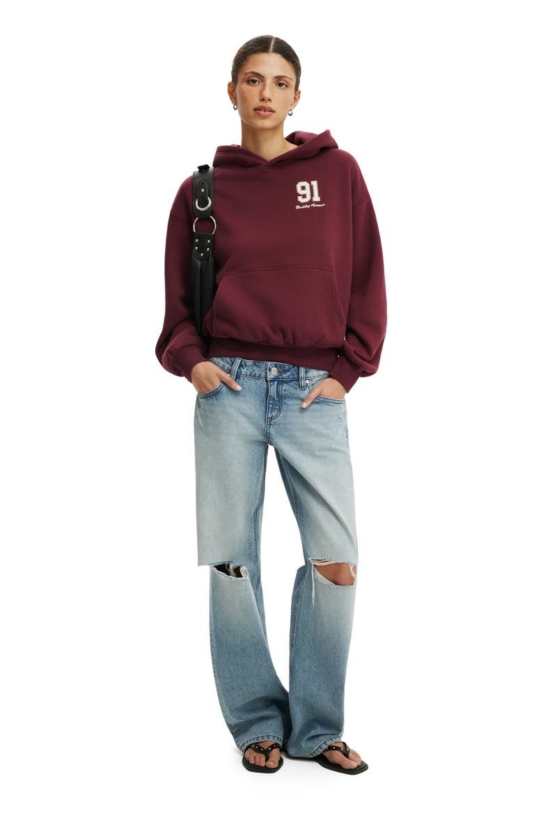 Women's Graphic Boxy Fleece Hoodie, Alternate, color, Sour Cherry 91