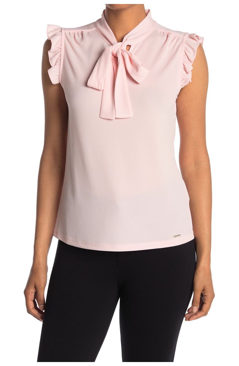 Calvin Klein Ruffle Cap Sleeve Bow Tie Top, Main, color,