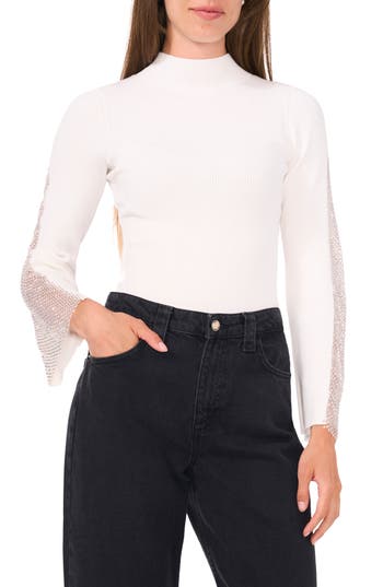 VINCE CAMUTO VINCE CAMUTO RHINESTONE RIB MOCK NECK KNIT TOP