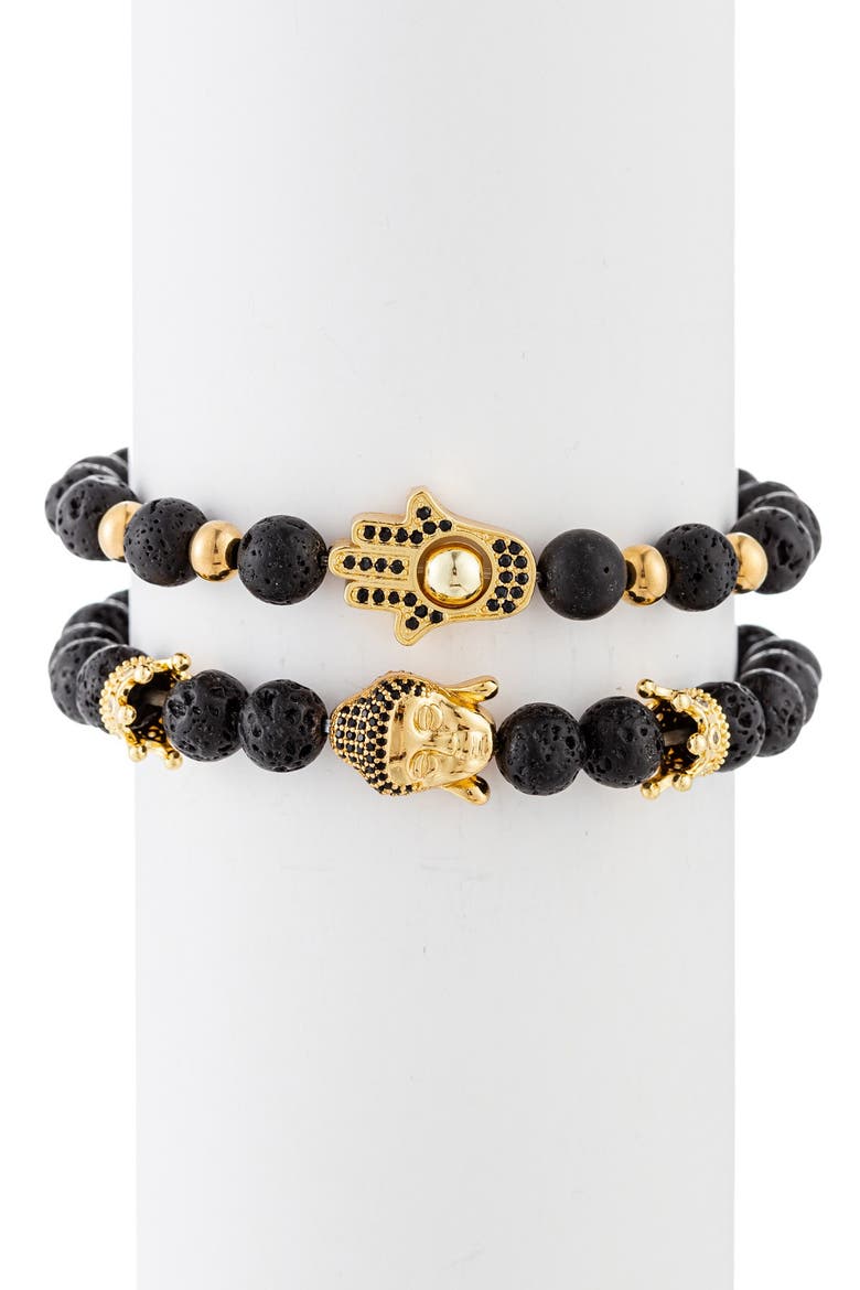 Ethan Hamsa & Buddha Lava Beaded Stretch Bracelet Set, Alternate, color, BLACK