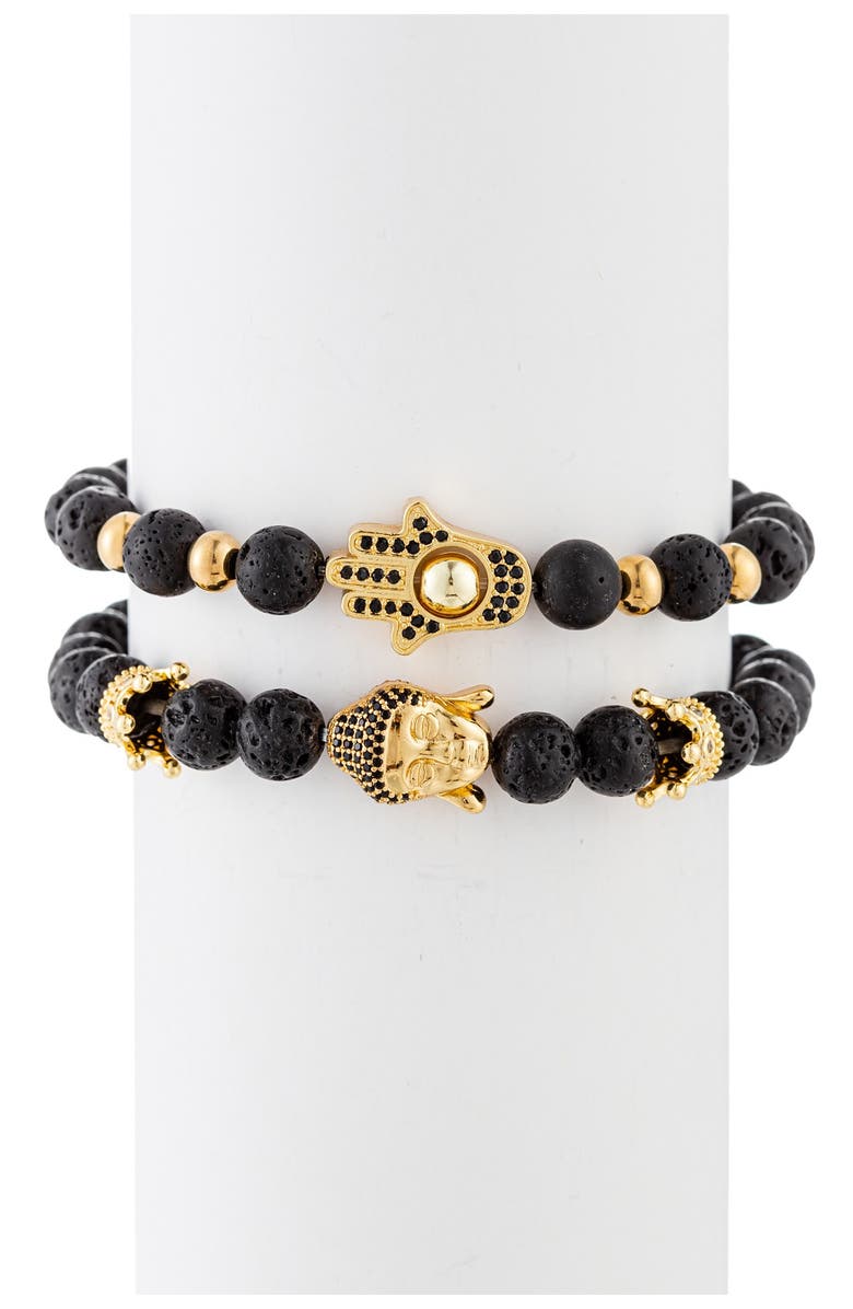 EYE CANDY LOS ANGELES Ethan Hamsa & Buddha Lava Beaded Stretch Bracelet Set, Alternate, color, Black