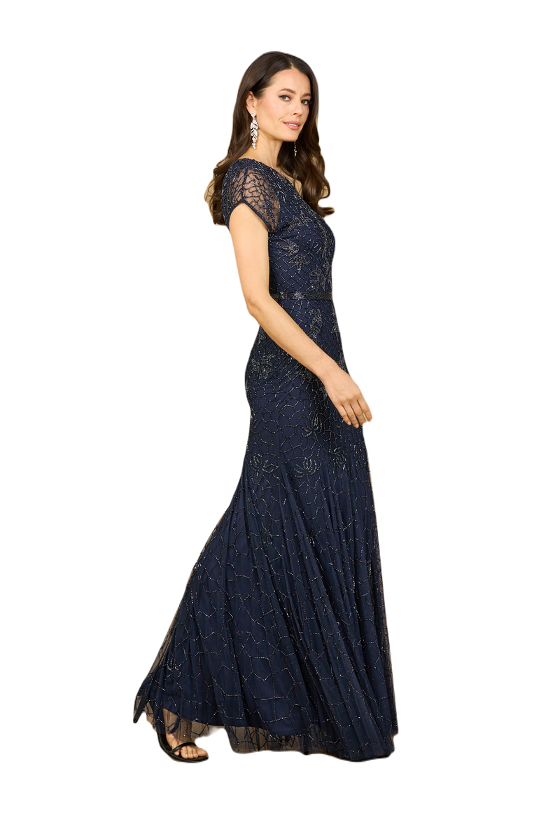 Beaded Mermaid Cap Sleeve Gown, Alternate, color, Navy