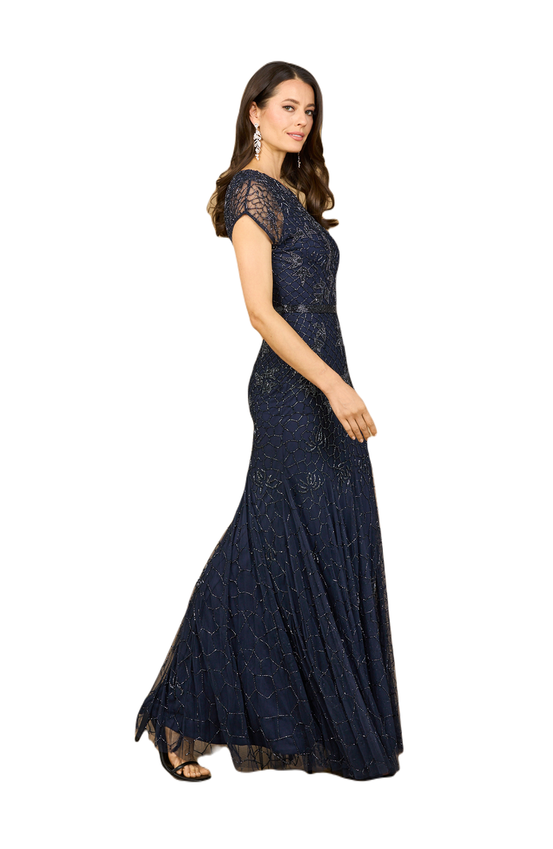 LARA New York Beaded Mermaid Cap Sleeve Gown, Alternate, color, Navy