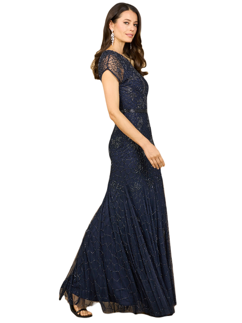 Lara New York Beaded Mermaid Cap Sleeve Gown In Blue
