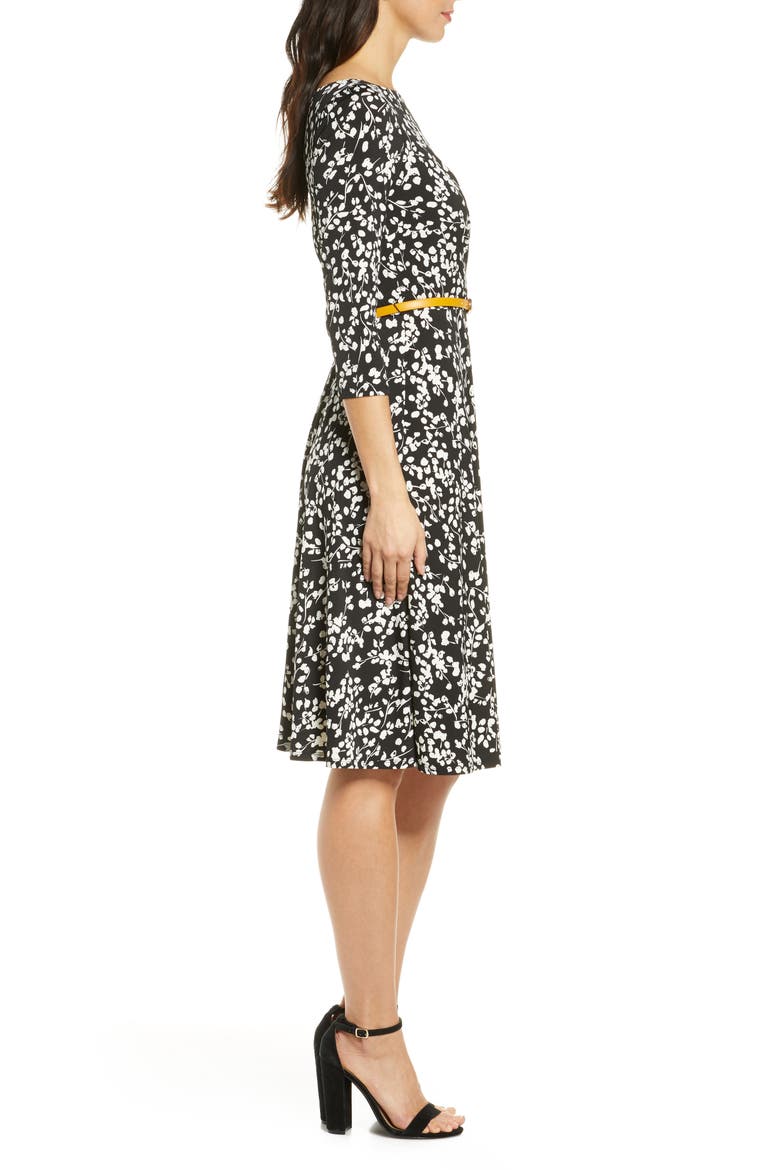 Belted Fit & Flare Dress, Alternate, color, BLACK/ IVORY