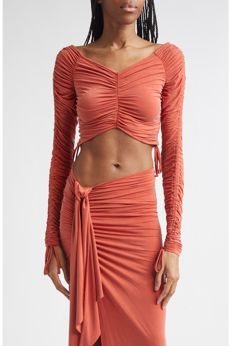 Crop Long Sleeve Ruched Jersey Top, Main, color, 3GM DARK RED