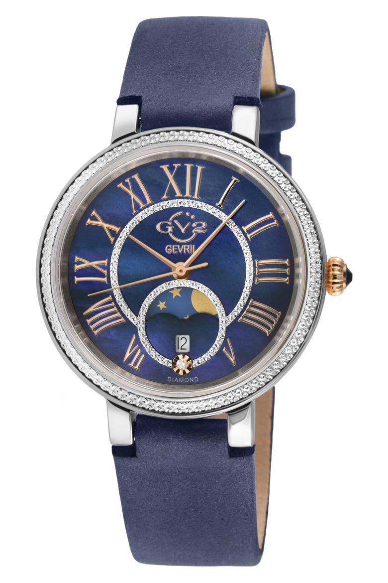 Genoa Diamond Embellished Leather Strap Watch, 37mm, Main, color, BLUE