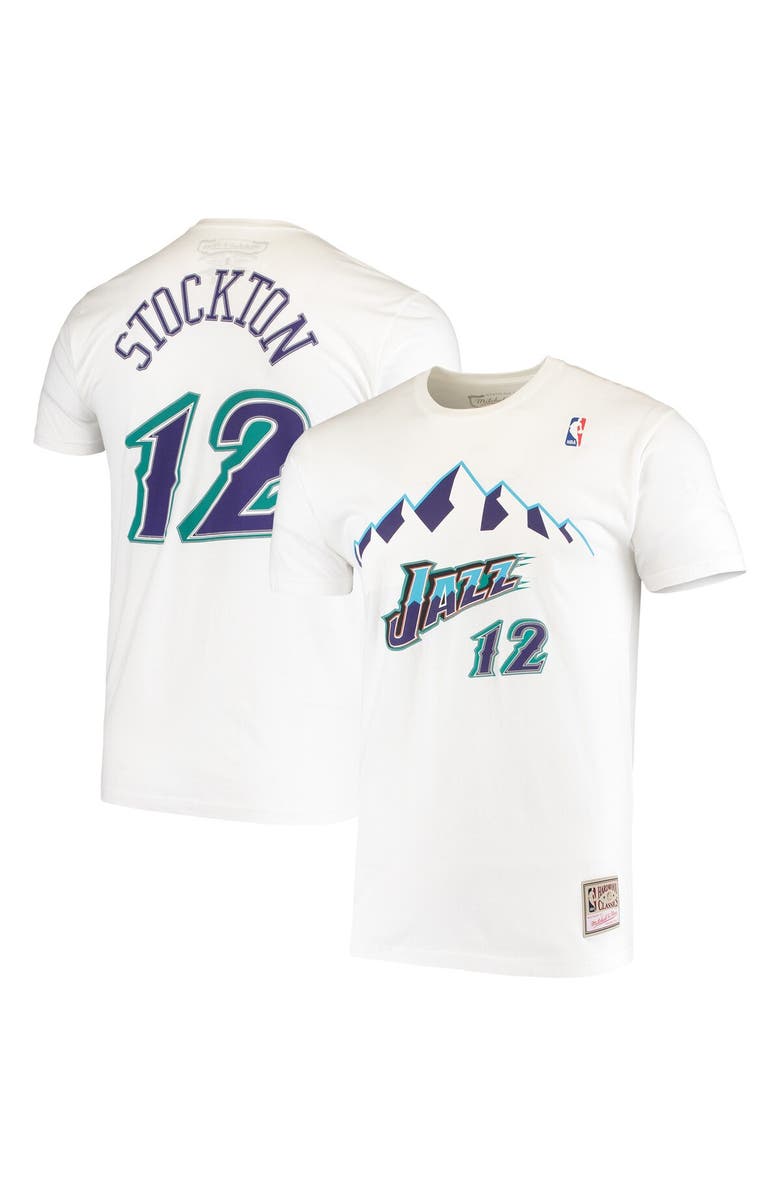 Mitchell & Ness Men's Mitchell & Ness John Stockton White Utah Jazz Hardwood Classics Stitch Name & Number T-Shirt, Main, color, 