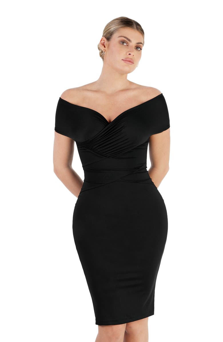 Popilush Shapewear Ruched Off-Shoulder Sculpting Midi Dress, Main, color, Midnight Black