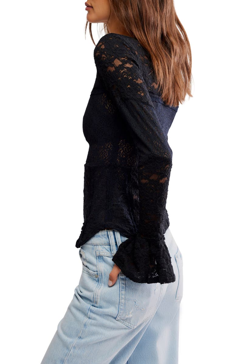 Free People Bell Sleeve Sheer Cotton Blend Lace Top, Alternate, color, Black