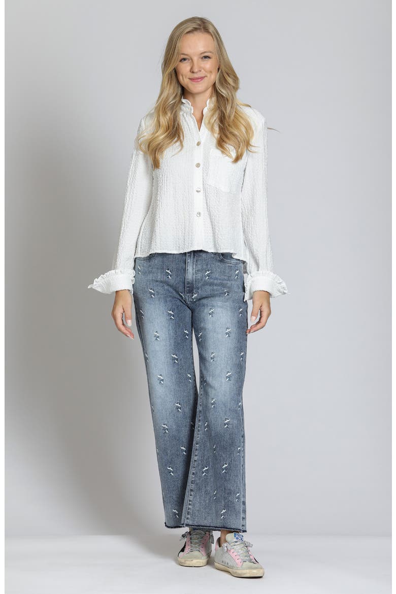 Ruffle Long Sleeve Crop Button-Up Shirt, Alternate, color, WHITE