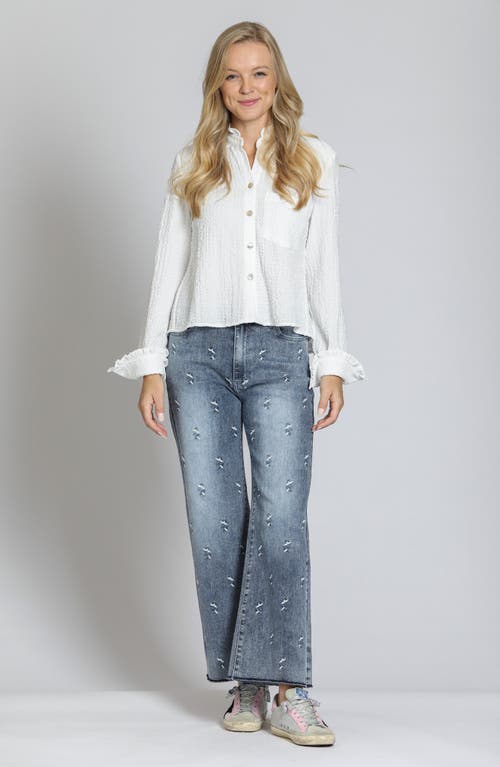 Apny Ruffle Long Sleeve Crop Button-up Shirt In White