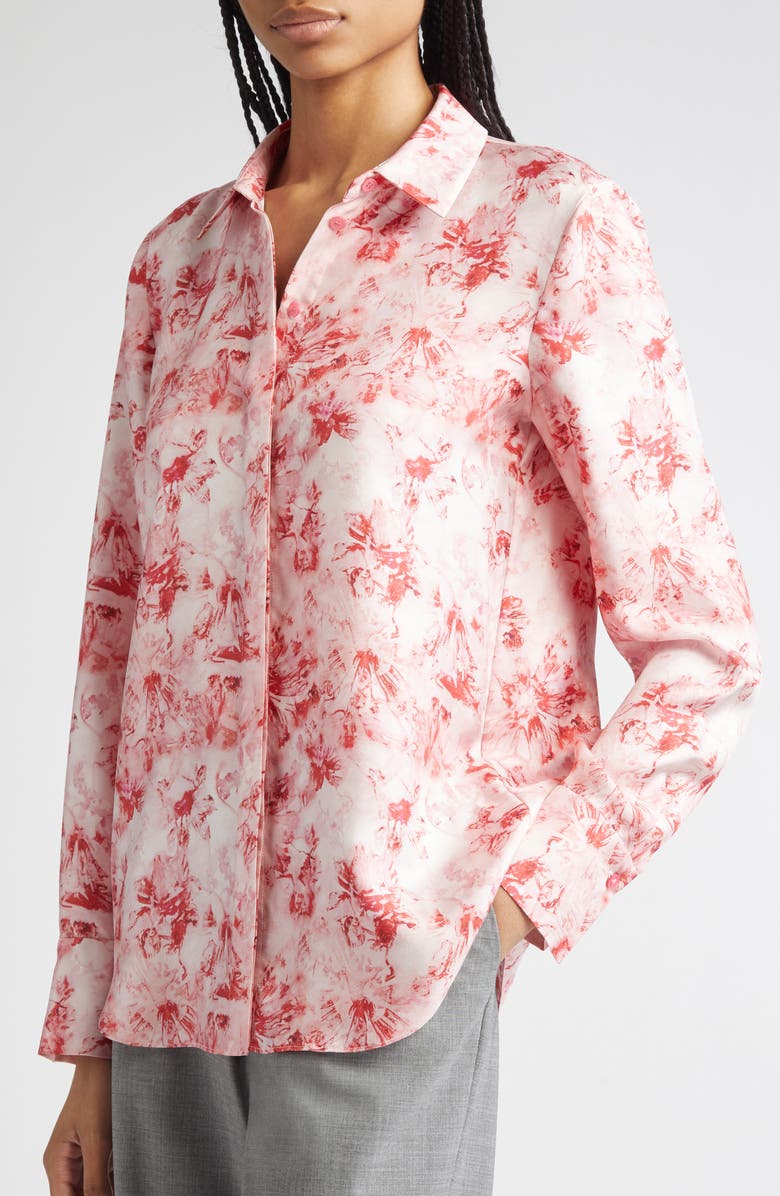 Lafayette 148 New York Scottie Floral Silk Georgette Button-Up Shirt, Alternate, color, Red Brick Multi