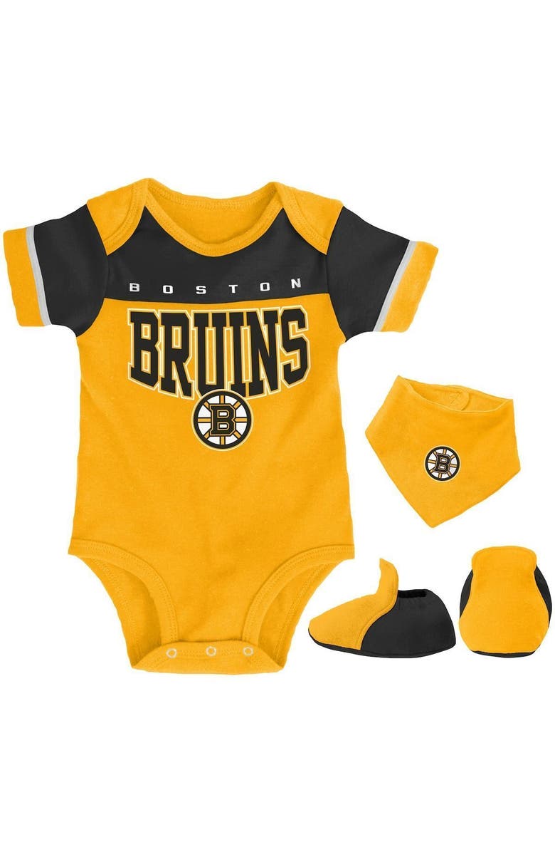 Outerstuff Newborn & Infant Gold/Black Boston Bruins Puck Happy Bodysuit Bib & Booties Set, Main, color,
