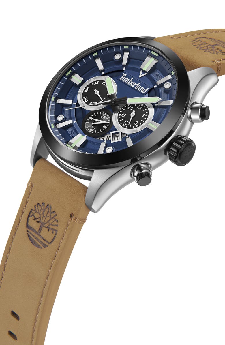 Timberland Tidemark Leather Strap Multifunction Watch, 46mm, Alternate, color, Camel