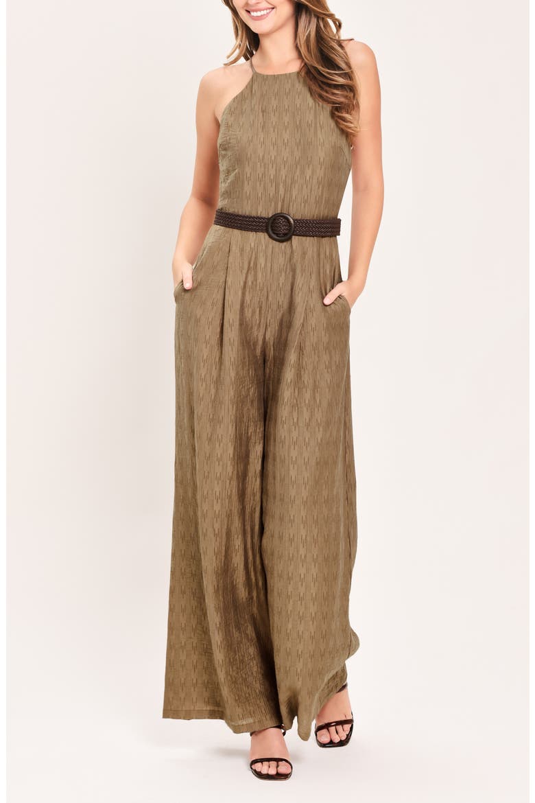 Halter Neck Belted Jumpsuit, Alternate, color, BROWN