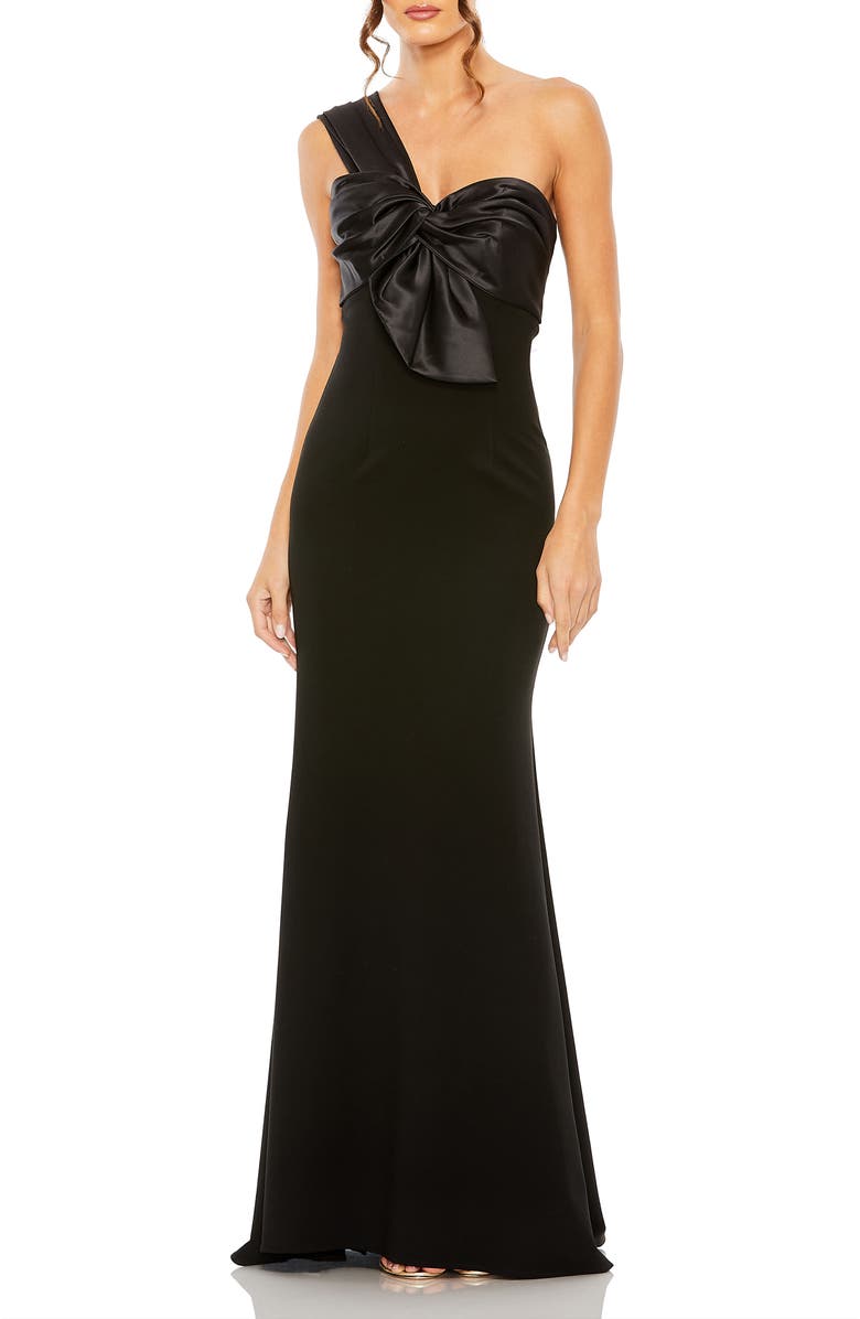 Mac Duggal One Shoulder Draped Trumpet Gown, Main, color, Black