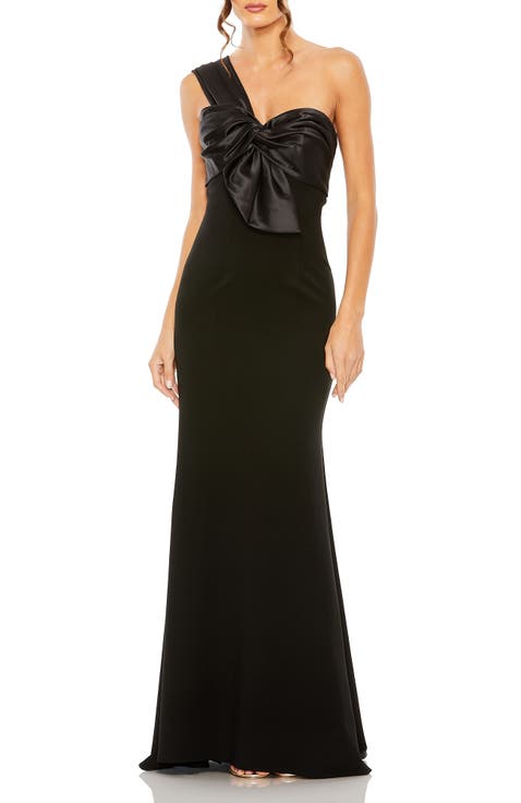 MAC DUGGALセール!ヌーディーなオープンバックドレープドレス 黒 Black Shimmering 3/4 Sleeve A-Line Midi Dress | Mac Duggal