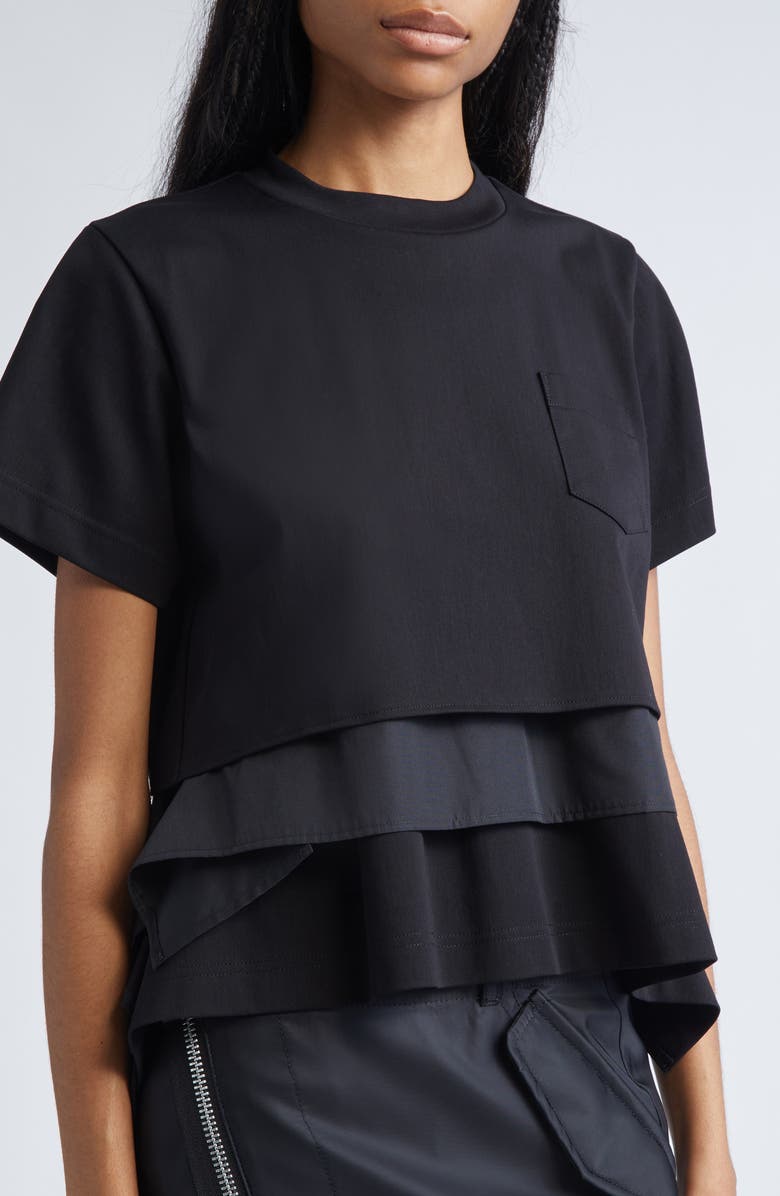 Sacai Mixed Media Poplin & Jersey Pocket T-Shirt, Alternate, color, Black/ Black