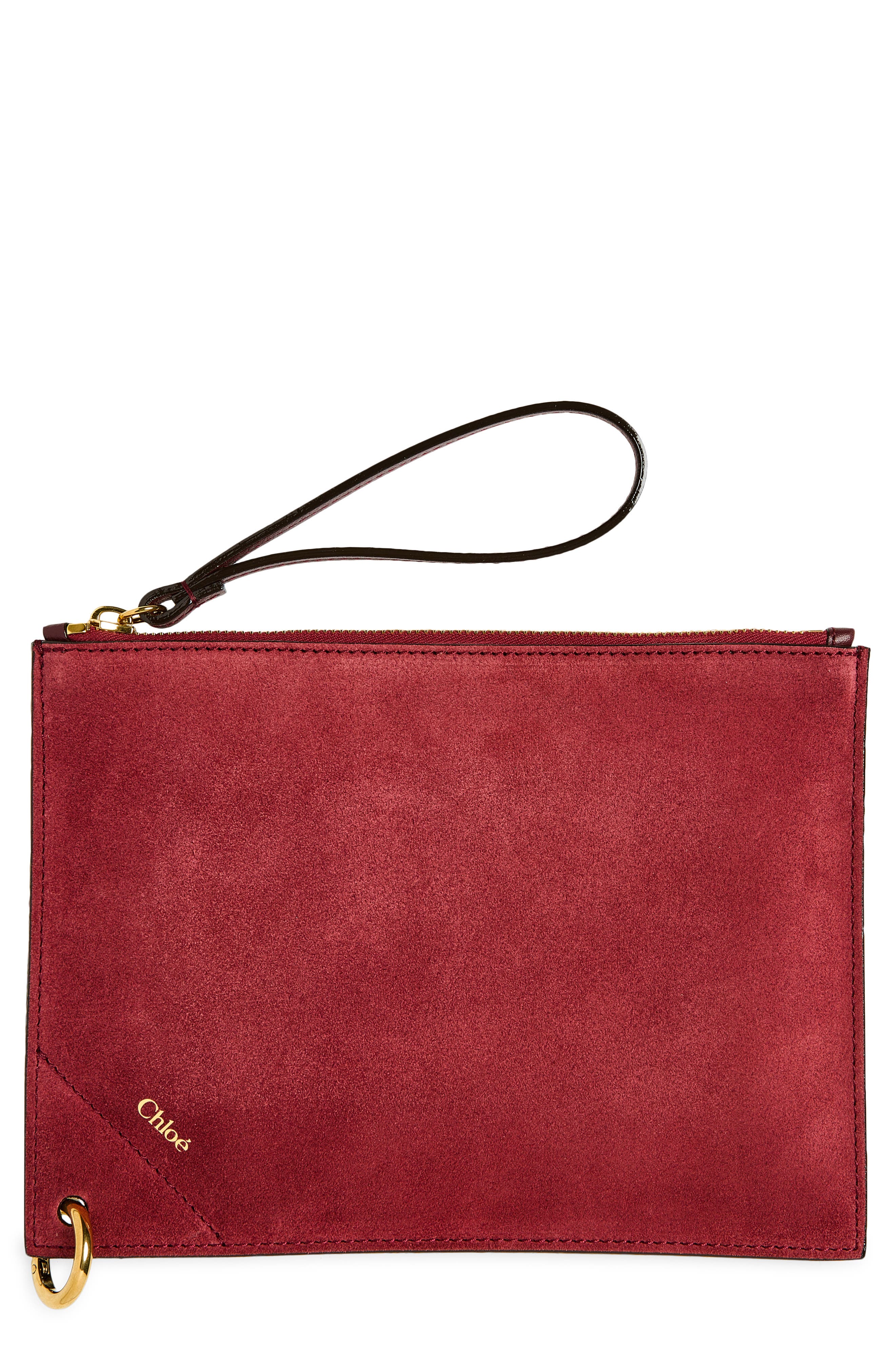 Spin Suede & Leather Zip Pouch, Main, color, BURNT RED