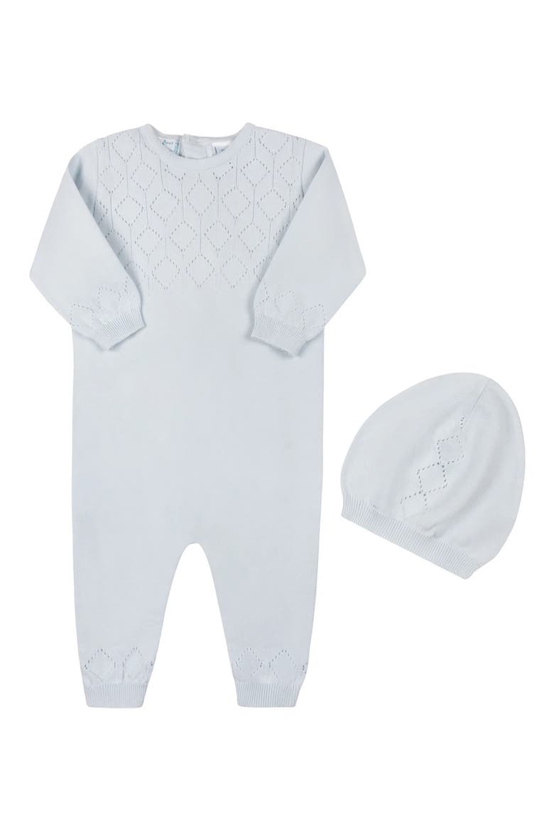 Lux Cotton Pointelle Romper & Hat Set, Main, color, BLUE
