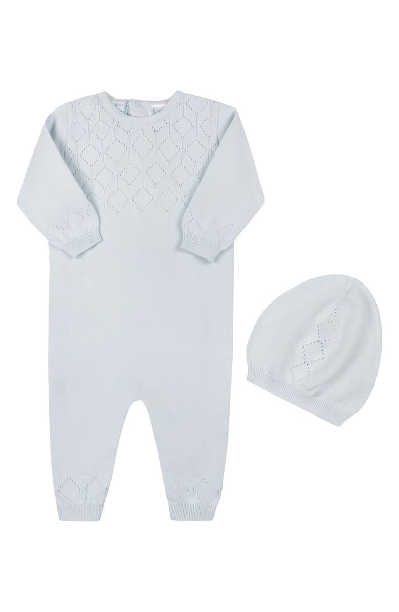 Feltman Brothers Lux Cotton Pointelle Romper & Hat Set, Main, color, Blue