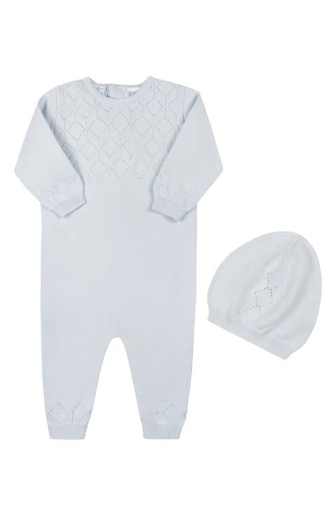 Lux Cotton Pointelle Romper & Hat Set (Baby)