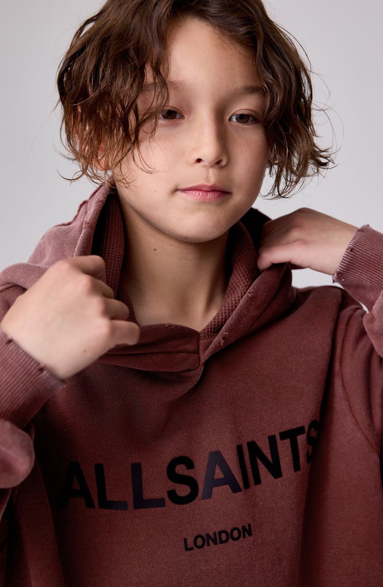 smALLSAINTS by ALLSAINTS Kids' Distressed Oversize Logo Split Hoodie, Alternate, color, Brown