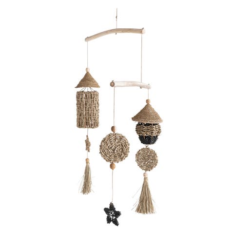 45 Inches Wood and Hand-Woven Seagrass Mobile Wall Hanging