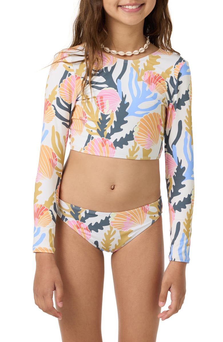 O'Neill Kids' Cora Geo Long Sleeve Crop Two-Piece Rashguard Swimsuit, Main, color, 