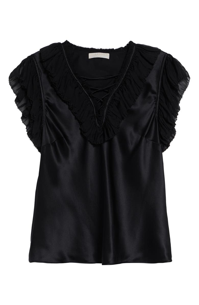 Ulla Johnson Ilyana Silk Sheer Ruffle Trim Top, Main, color, Noir