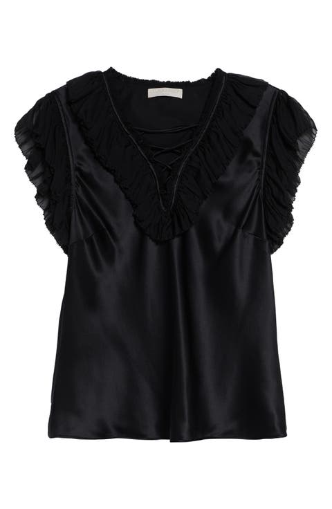 Ilyana Silk Sheer Ruffle Trim Top