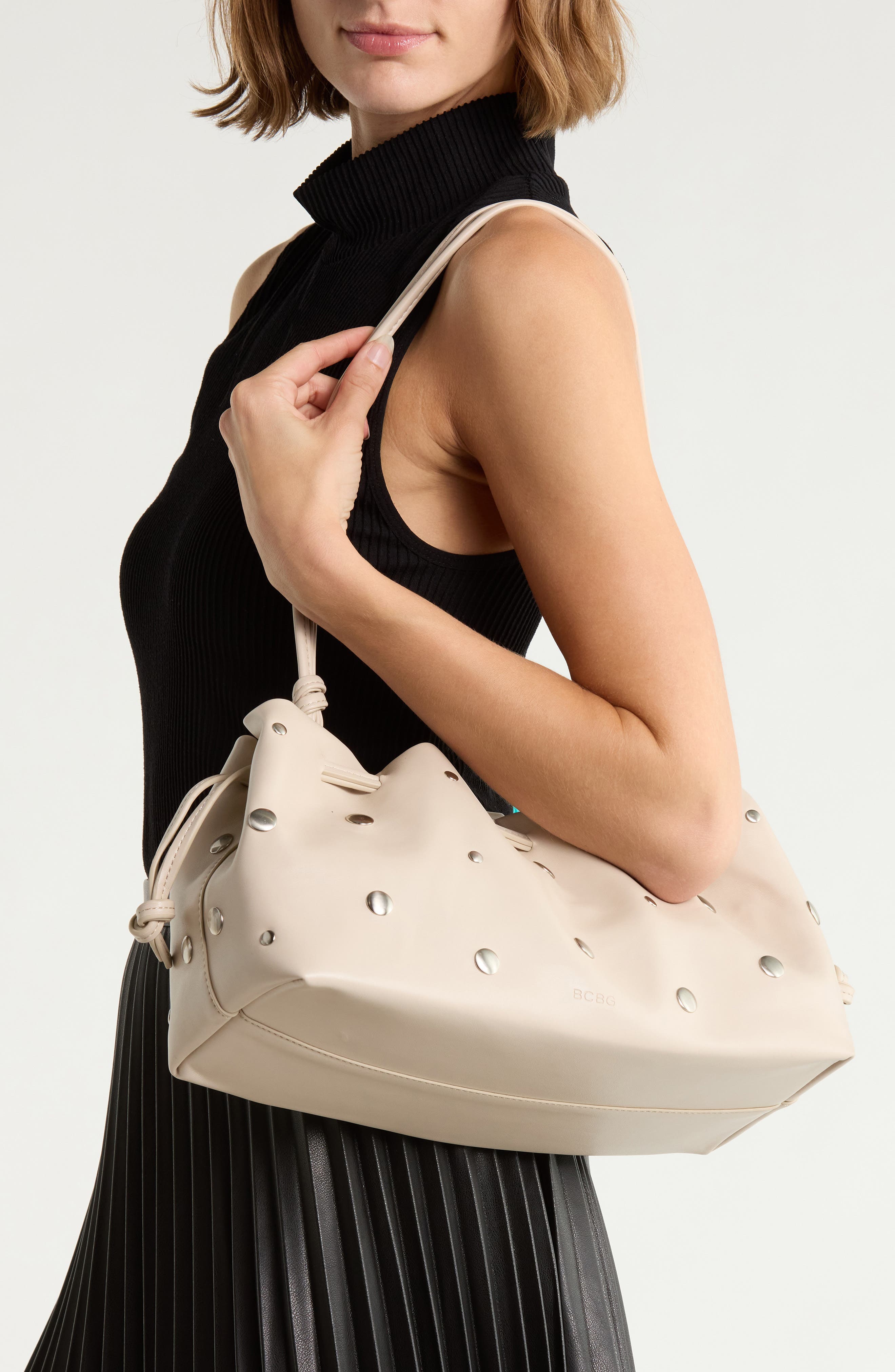 Studded Drawstring Faux Leather Shoulder Bag, Alternate, color, ALMOND
