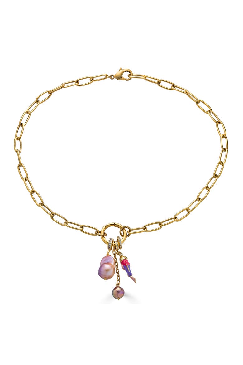 Peach Baroque Pearl Charm Cluster Necklace, Main, color, Gold